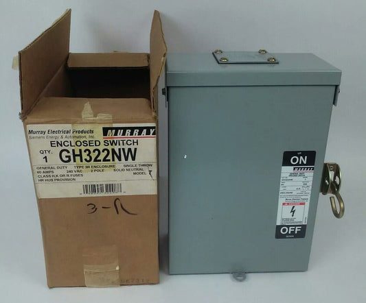 MURRAY GH322NW FUSIBLE SAFETY SWITCH SINGLE THROW 2P, 60A, 240V, 10HP, TYPE 3R