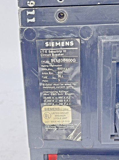 SIEMENS - SLL63B600G - CIRCUIT BREAKER -600 AMP, 600 VAC, 3 POLE, ITE SENSITRIP
