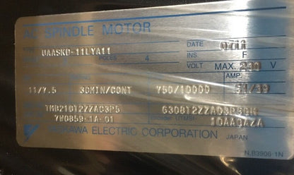 *NEW* YASKAWA AC SPINDLE MOTOR UAASKD-11LYA11 230V  750/10000 R/MIN