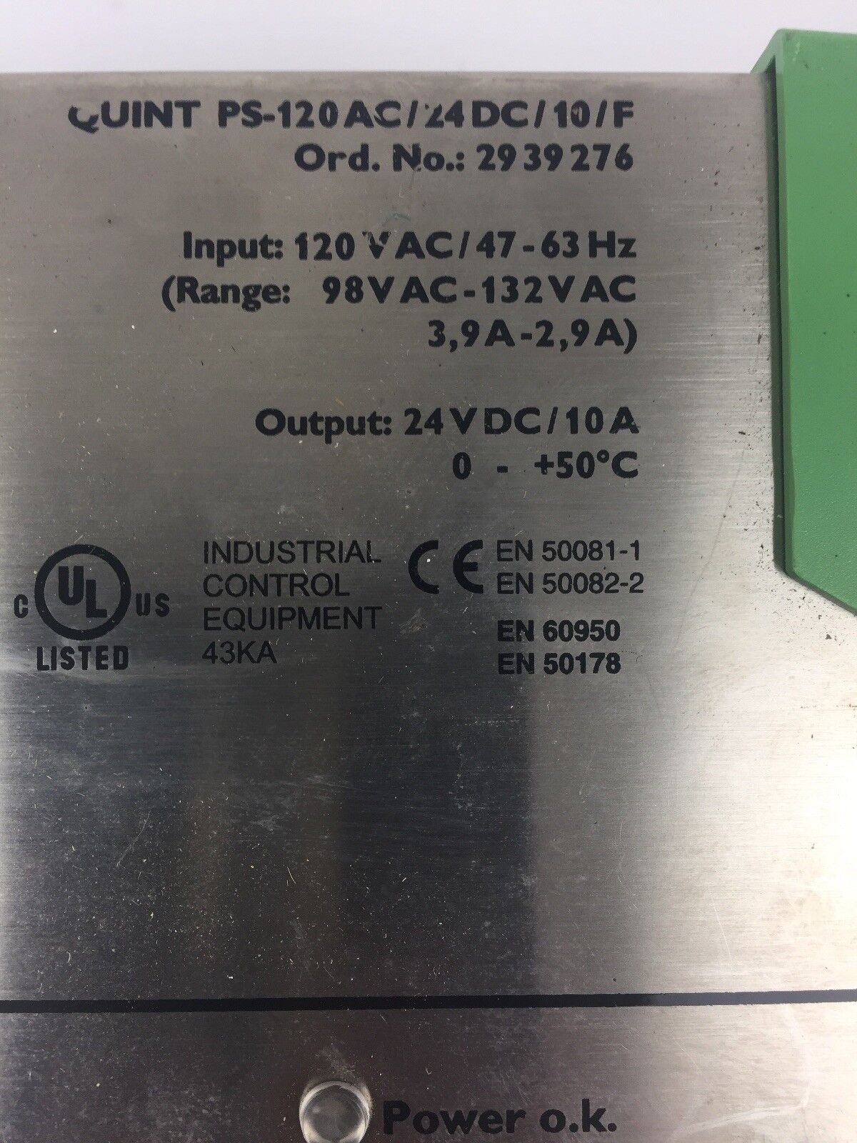 PHOENIX CONTACT QUINT PS-120AC/24DC/10/F POWER SUPPLY 120VAC 47-63HZ 24VDC 10A