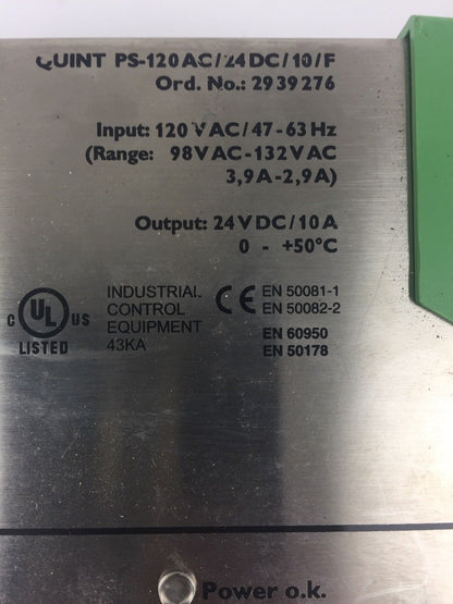 PHOENIX CONTACT QUINT PS-120AC/24DC/10/F POWER SUPPLY 120VAC 47-63HZ 24VDC 10A