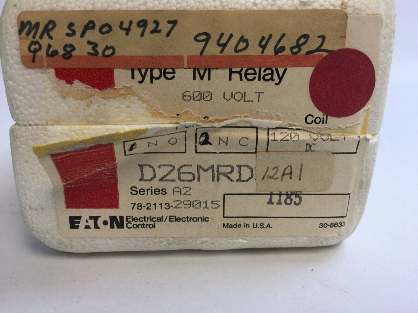 CUTLER HAMMER D26MRD12A1 TYPE "M" RELAY 1NO 2NC COIL 120VDC 9-2404-1
