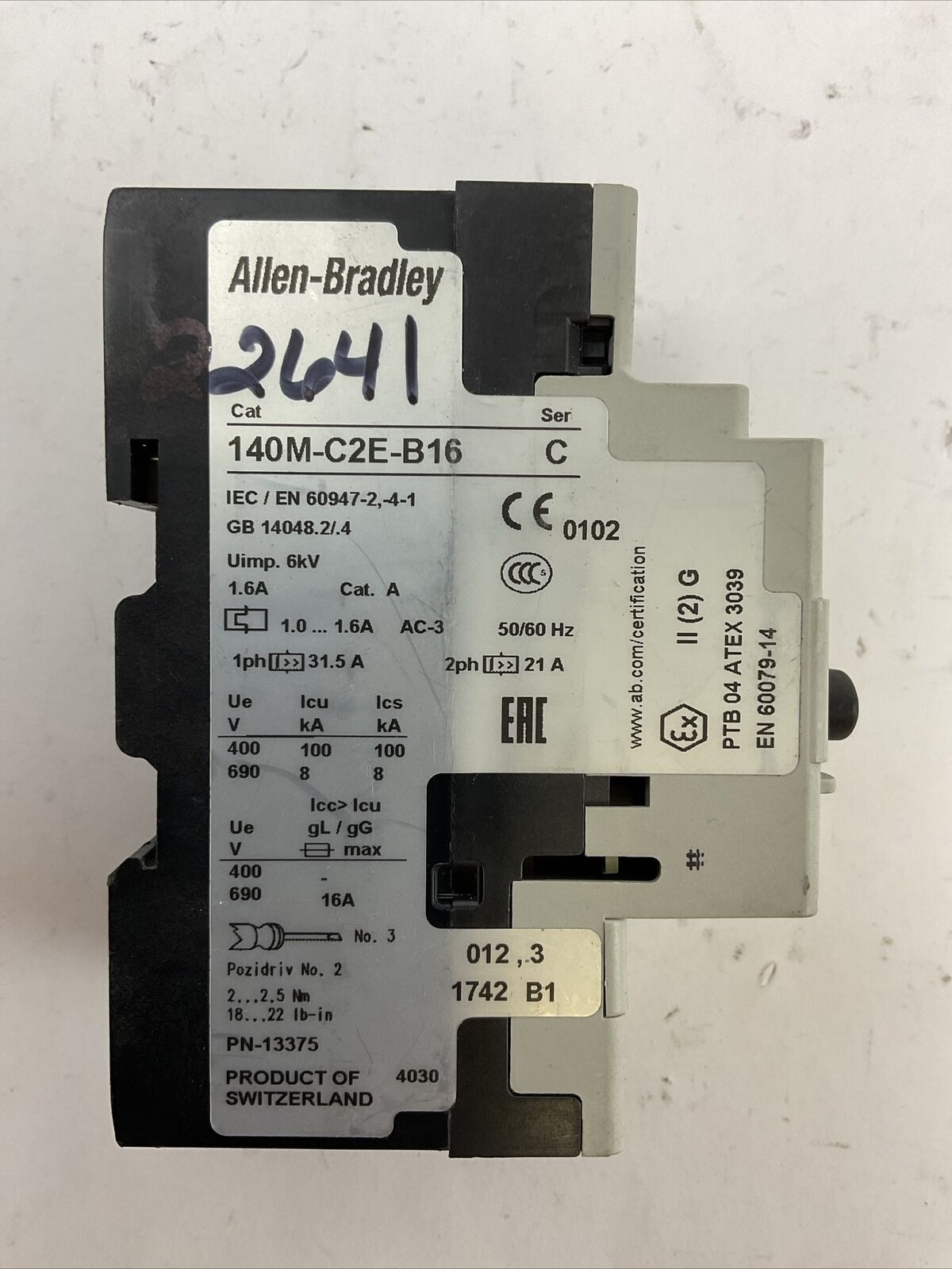 ALLEN BRADLEY 140M-C2E-B16 MOTOR PROTECTOR SER C 1.0-1.6A 600VAC 3PH 1HP