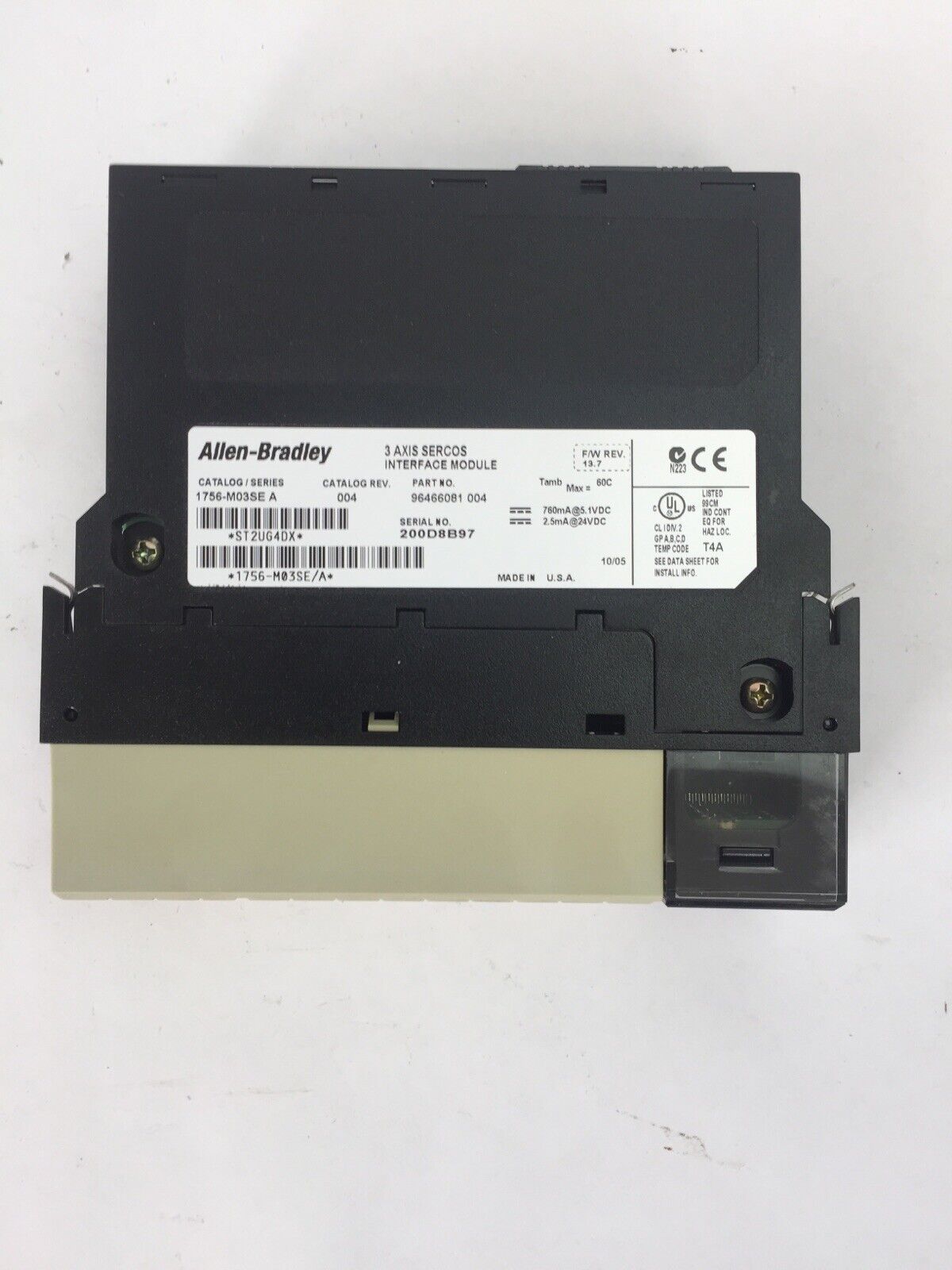 ALLEN BRADLEY 1756-M03SE 3 AXIS SERCOS INTERFACE MODULE SER A F/W REV 13.7 24VDC