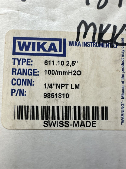 WIKA 9851810 611.10 2,5" 100/mmH2O 1/4" NPT LM PRESSURE GUAGE