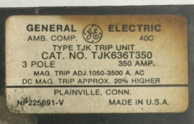 GE TJK636T350 TRIP UNIT 350AMP 3POLE INST TRIP 1050-3500A