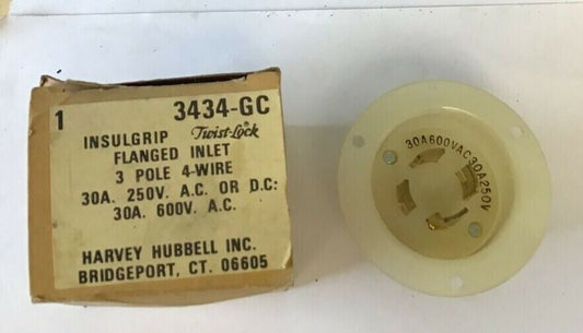 HUBBELL 3434-GC INSULGRIP FLANGED INLET 3POLE 30A 250V/ 30A 600VAC