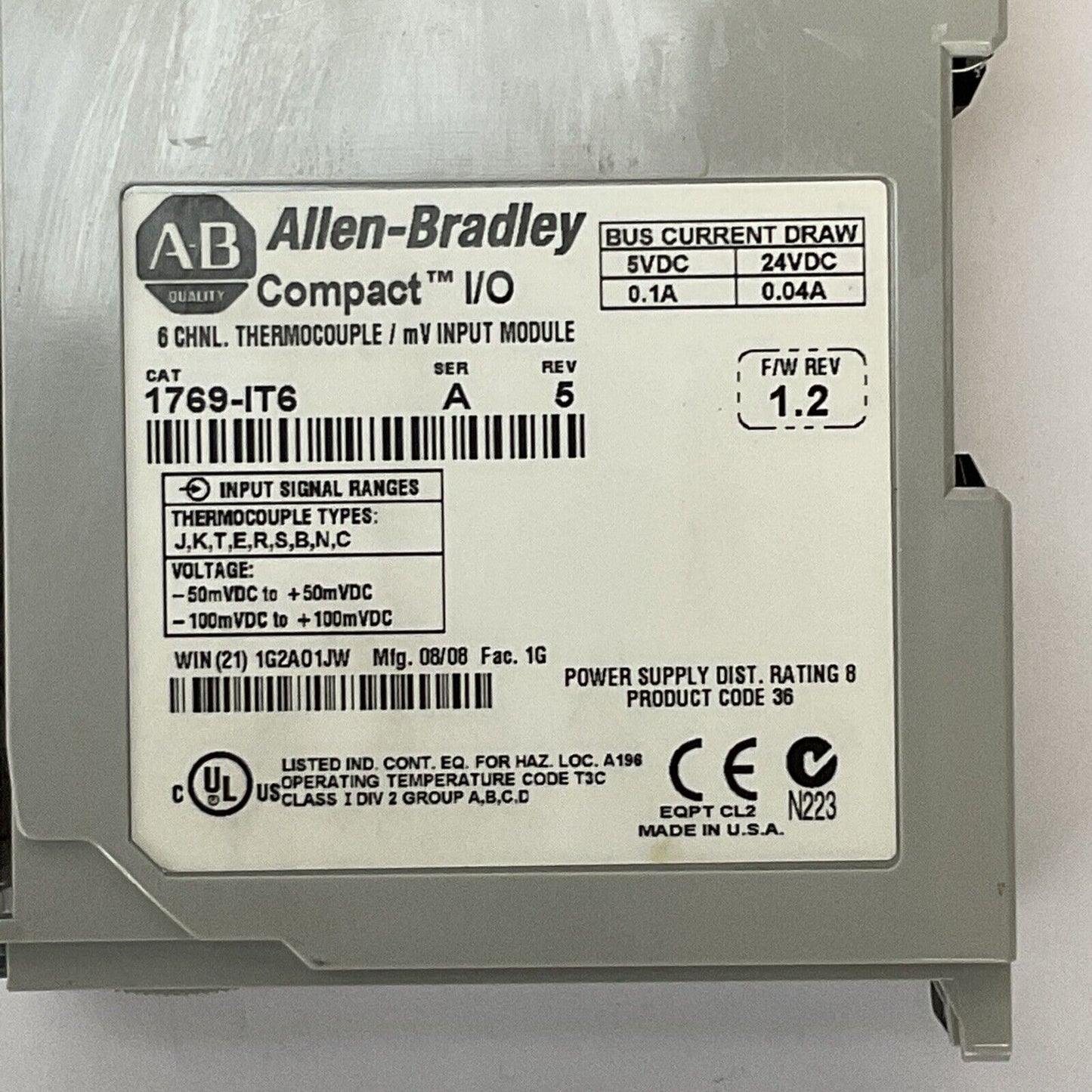 ALLEN BRADLEY 1769-IT6 SER A REV 5 F/W REV 1.2 6CH THEMOCOUPLE mV INPUT MODULE