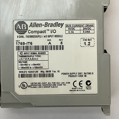 ALLEN BRADLEY 1769-IT6 SER A REV 5 F/W REV 1.2 6CH THEMOCOUPLE mV INPUT MODULE
