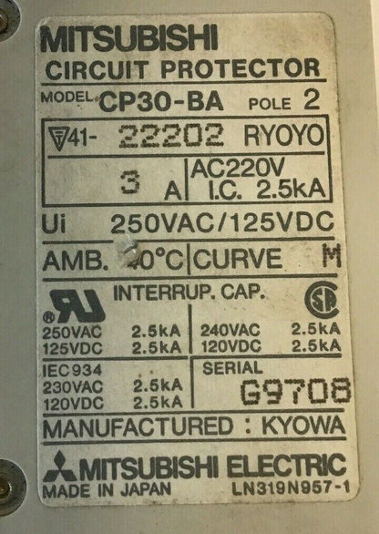 MITUBISHI CP30-BA 3AMP CIRCUIT PROTECTOR 2POLE 250VAC/125VDC (LOT OF 2)