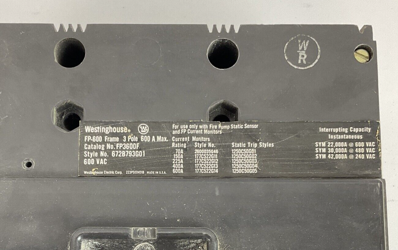WESTINGHOUSE FP3600F CIRCUIT BREAKER 600A 600V 3POLE