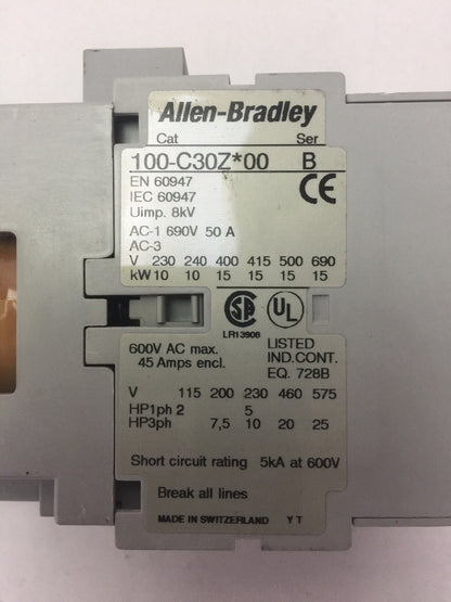 ALLEN BRADLEY 100-C30Z*00 SER B CONTACTOR 600VAC 45AMP 3PH 25 HP COIL 24VDC