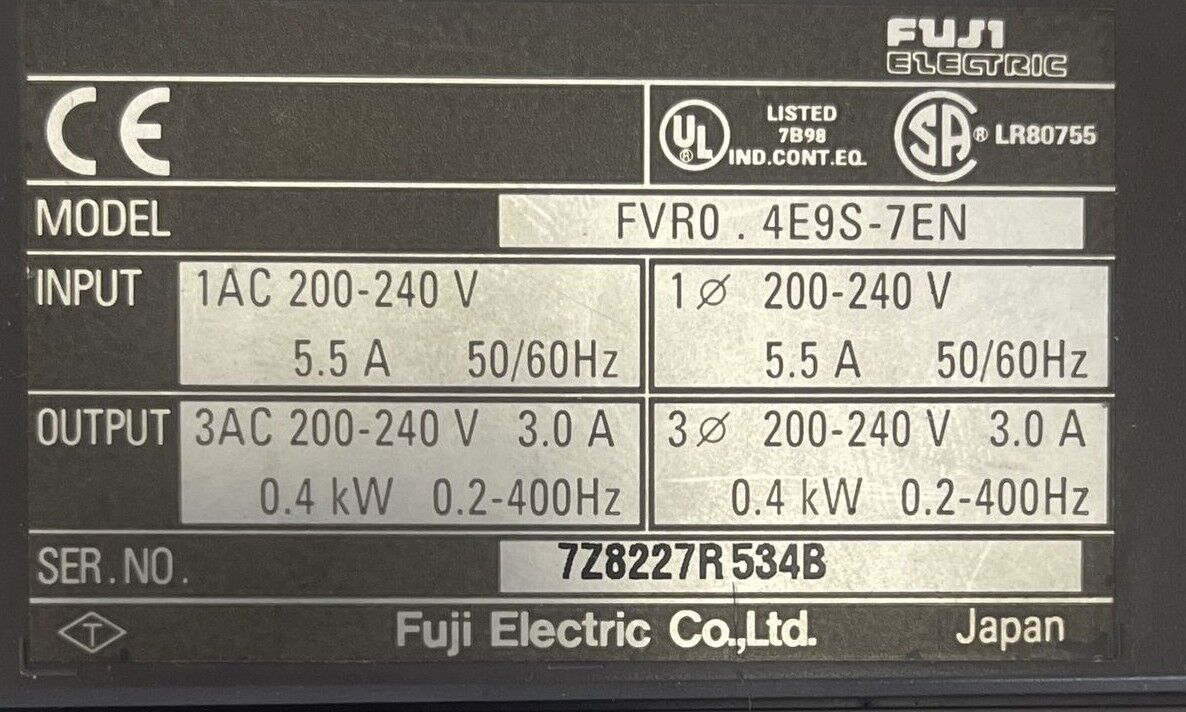 FUJI FVR0-4E9S-7EN INVERTER DRIVE OUTPUT 200-240VAC 3.0A 0.4kW 0.2-400HZ INPUT