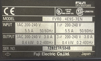 FUJI FVR0-4E9S-7EN INVERTER DRIVE OUTPUT 200-240VAC 3.0A 0.4kW 0.2-400HZ INPUT