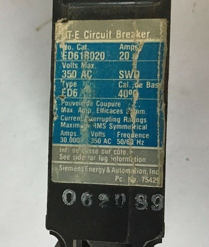 ITE ED61B020 CIRCUIT BREAKER 20A 350VAC 1 POLE