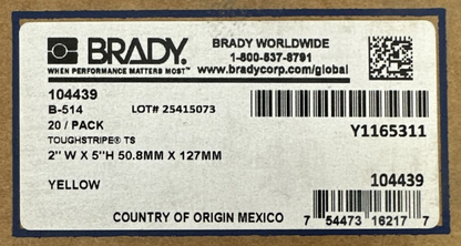 BRADY 104439 B-514 TOUGHSTRIPE Ts 2" W X 5" H 50.8MM X 127MM (20 TOTAL Ts)