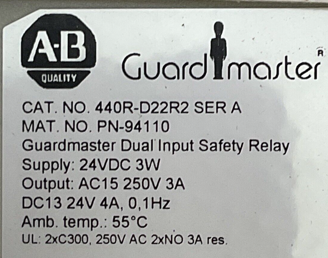 ALLEN BRADLEY 440R-D22R2 GUARDMASTER DUAL INPUT SAFETY RELAY OUTPUT AC15 250V 3A