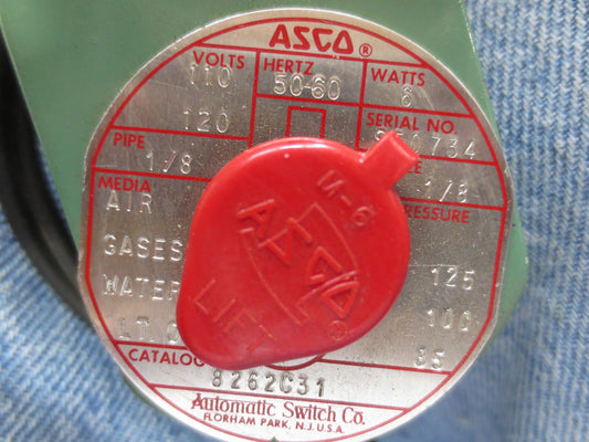 ASCO 8262C31 - VALVE 1/8" ORIFICE, 1/8" PIPE, 110/120V, 6W - NEW SURPLUS