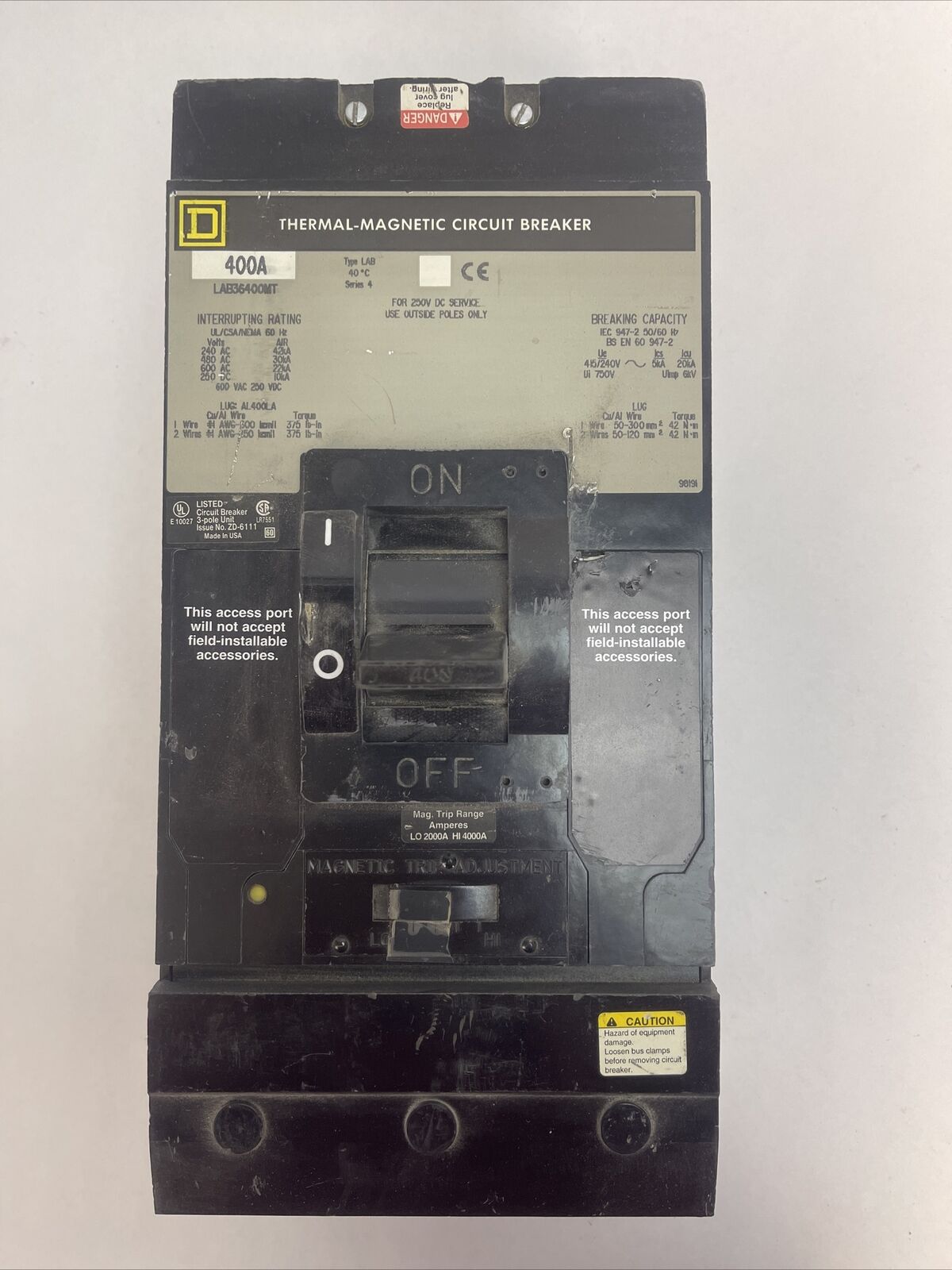 SQUARE D LAB36400MT THERMAL-MAGNETIC CIRCUIT BREAKER 400AMP 600VAC 250VDC 3POLE