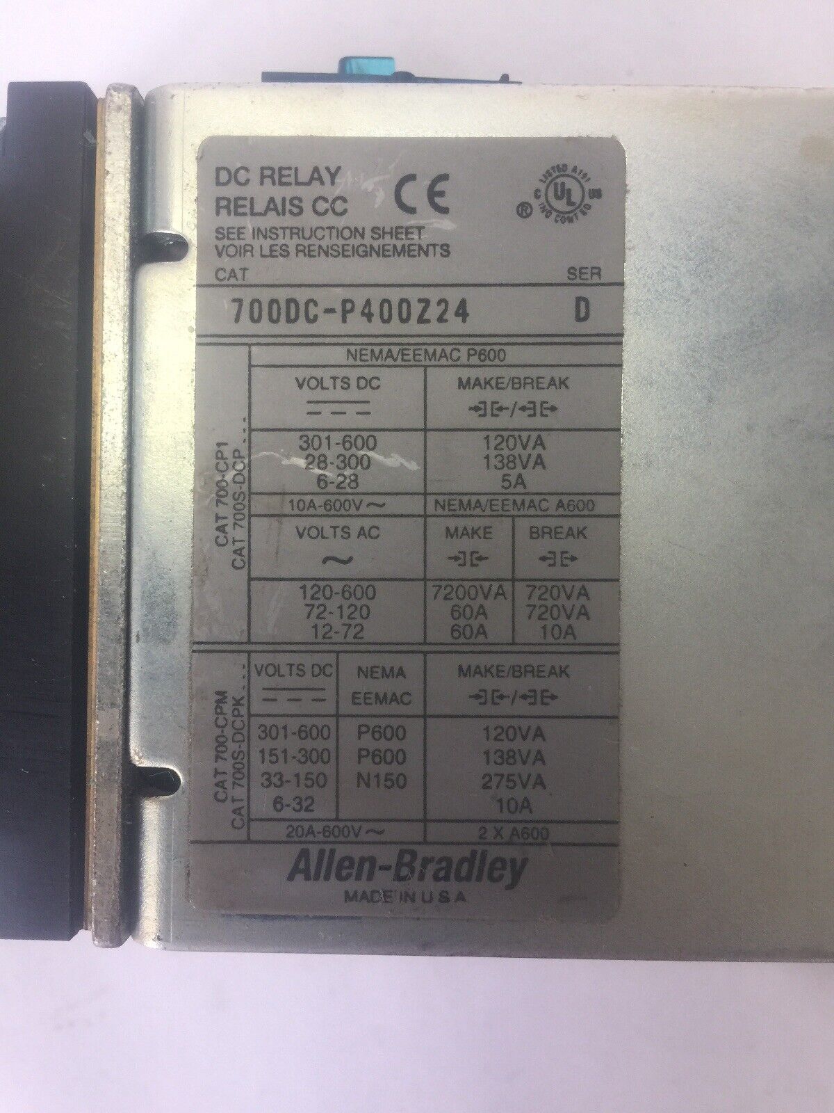 ALLEN BRADLEY 700DC-P400Z24 DC RELAY SER D 600V PD714 COIL 24VDC BULLETIN 700DC