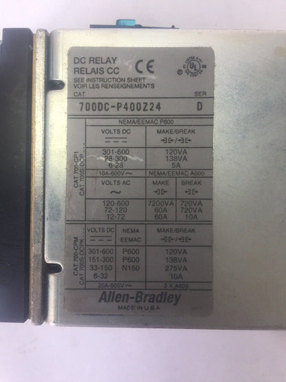 ALLEN BRADLEY 700DC-P400Z24 DC RELAY SER D 600V PD714 COIL 24VDC BULLETIN 700DC