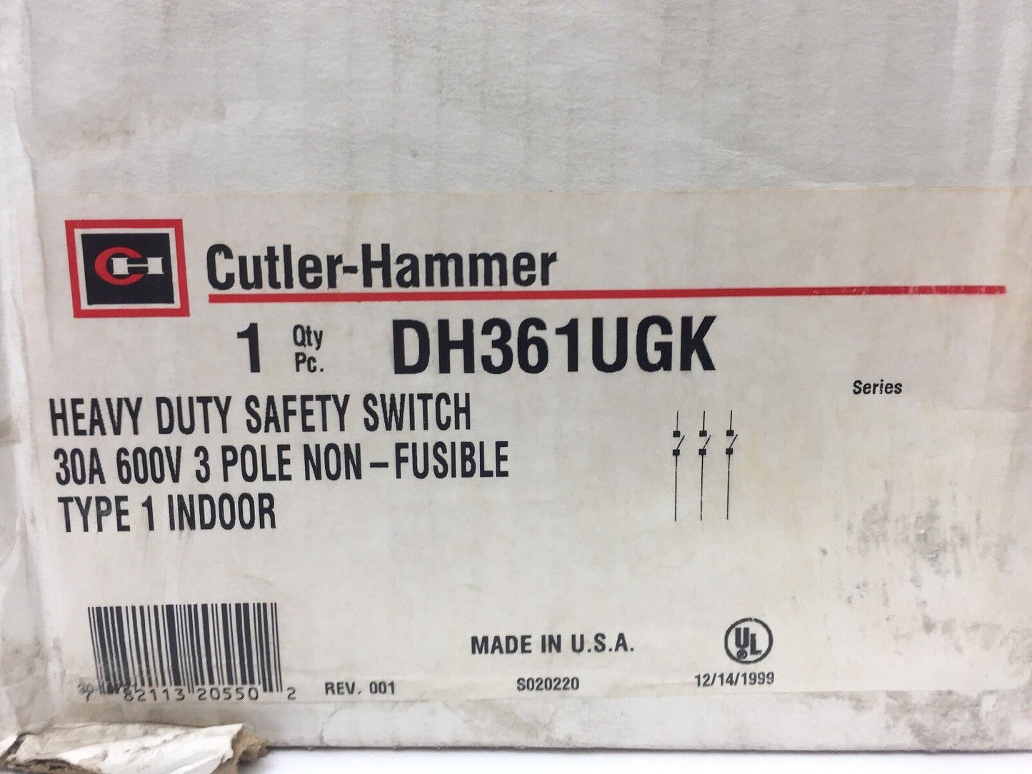 CUTLER HAMMER DH361UGK HEAVY DUTY SAFETY SWITCH 30A 600V 3 POLE NON-FUSIBLE