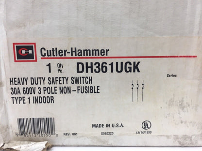 CUTLER HAMMER DH361UGK HEAVY DUTY SAFETY SWITCH 30A 600V 3 POLE NON-FUSIBLE