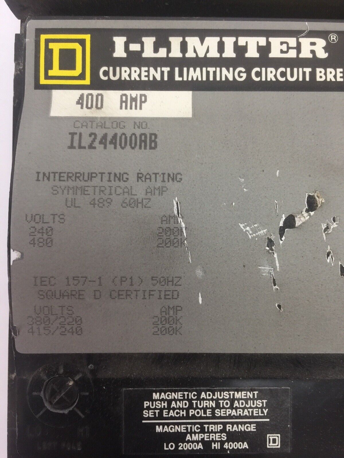 SQUARE D IL24400AB I-LIMITER CURRENT LIMITING CIRCUIT BREAKER 400AMP 240/480V 2P