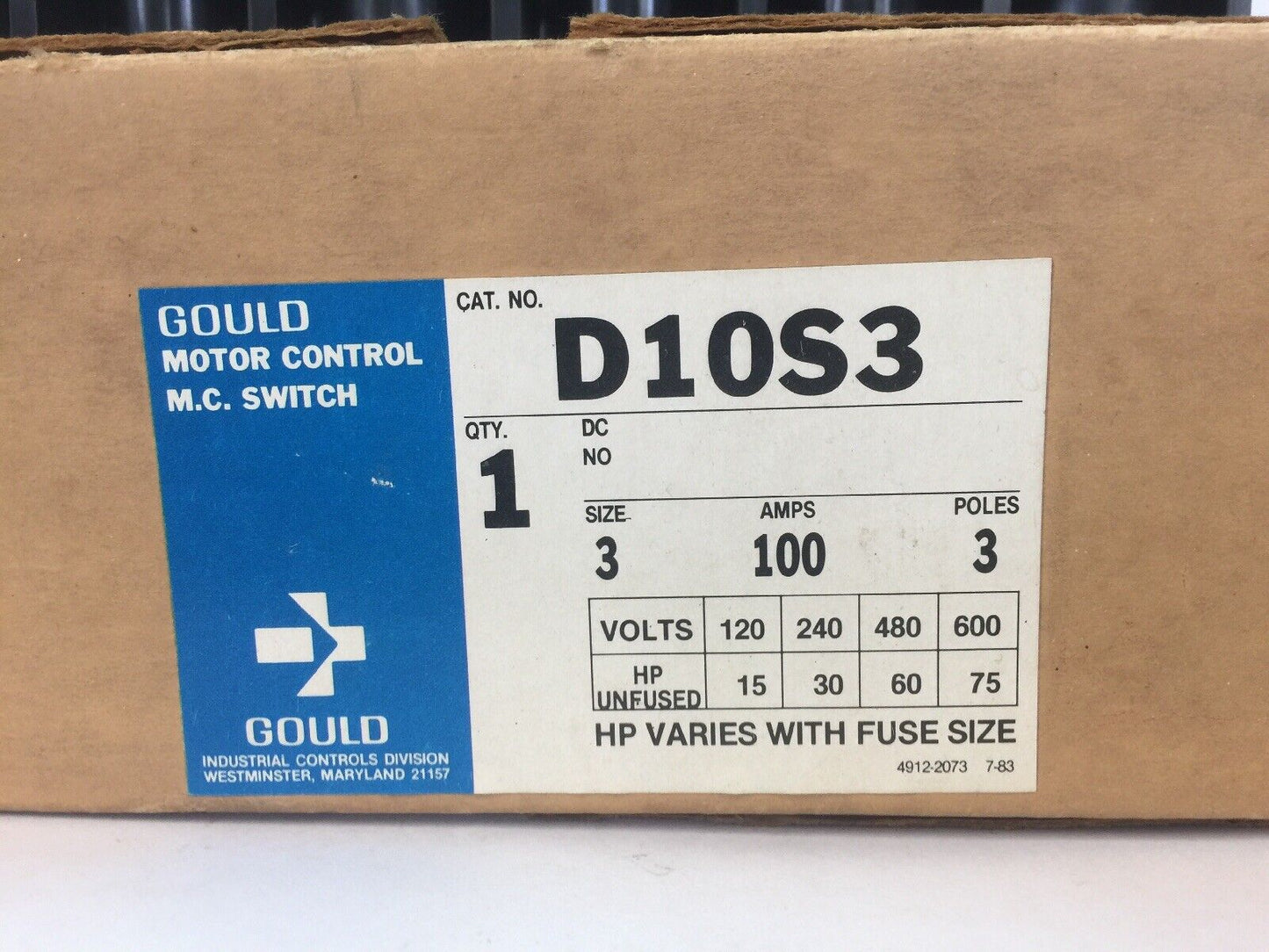 GOULD D10S3 MOTOR CONTROL M.C. SWITCH SIZE 3 100AMPS 3 POLES 600V 75HP UNFUSED