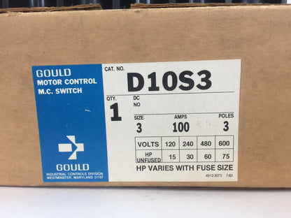 GOULD D10S3 MOTOR CONTROL M.C. SWITCH SIZE 3 100AMPS 3 POLES 600V 75HP UNFUSED