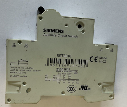 SIEMENS 5SY41 MCB C1 CIRCUIT BREAKER 230/400V W/5ST3010 CIRCUIT SWITCH