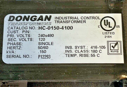 DONGAN HC-0150-4100 TRANSFORMER 240/480V 1PH 50/60HZ .150KVA