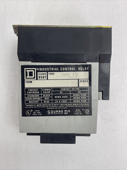 SQUARE D 8501 XM040 INDUSTRIAL CONTROL RELAY FORM KV SER A COIL 120V 60HZ