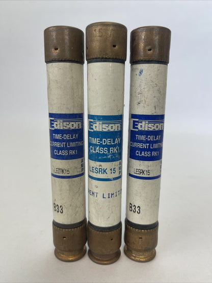 EDISON LESRK15 TIME DELAY CURRENT LIMITIN CLASS RK1 FUSE 15AMP 600VAC (LOT OF 3)