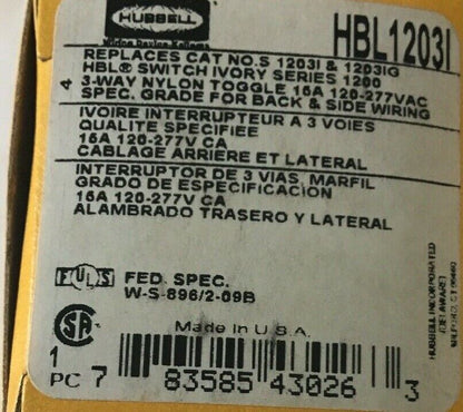 HUBBELL HBL1203I SWITCH IVORY SER 1200 3WAY  TOGGLE 15A 120/277VAC***LOTOF2***