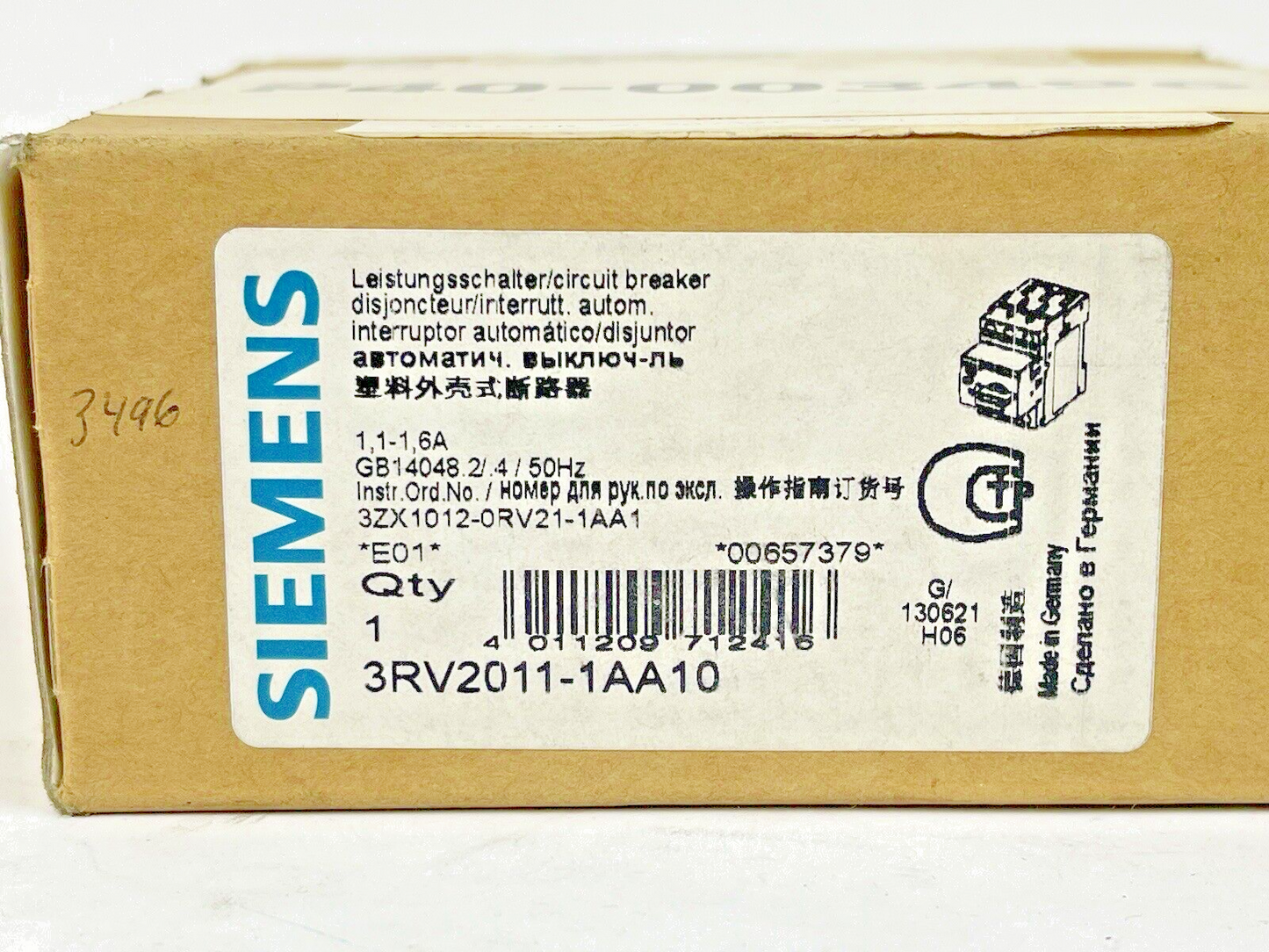 SIEMENS - 3RV2011-1AA10 - CIRCUIT BREAKER / MOTOR PROTECTOR