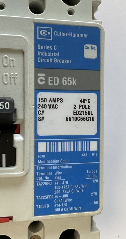 CUTLER HAMMER ED2150L CIRCUIT BREAKER 150A 2POLE 240VAC