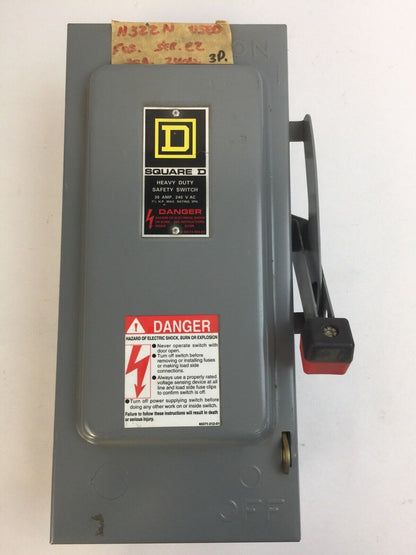 SQUARE D H321 FUSIBLE SAFETY SWITCH SER E2 30A 240VAC 7.5HP 3PH TYPE 1 ENCLOSURE