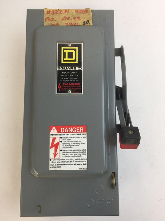SQUARE D H321 FUSIBLE SAFETY SWITCH SER E2 30A 240VAC 7.5HP 3PH TYPE 1 ENCLOSURE