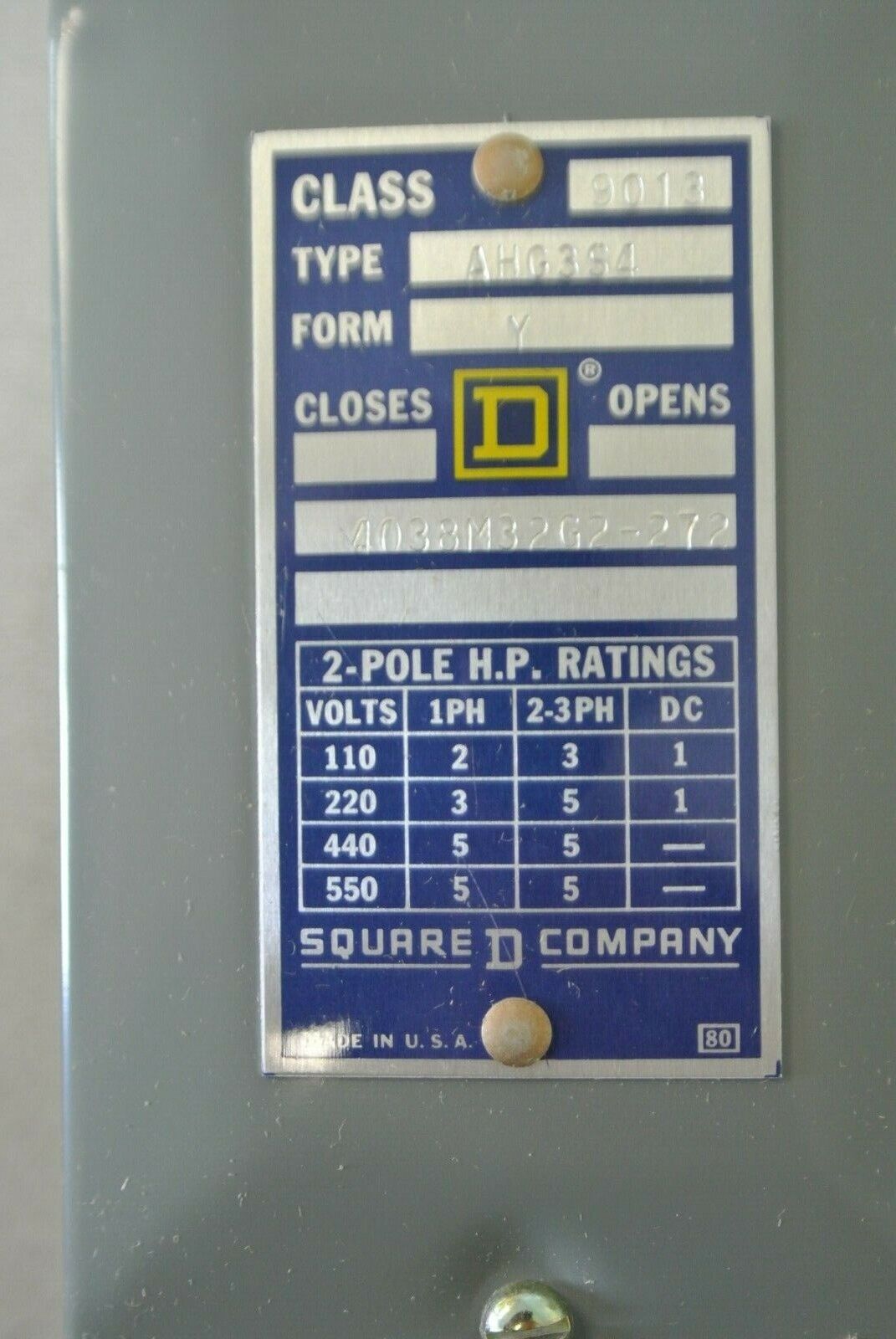SQUARE D 9013 AHG-3 S4 PRESSURE SWITCH / CLOSE 425 / OPEN 500 / NEW SURPLUS