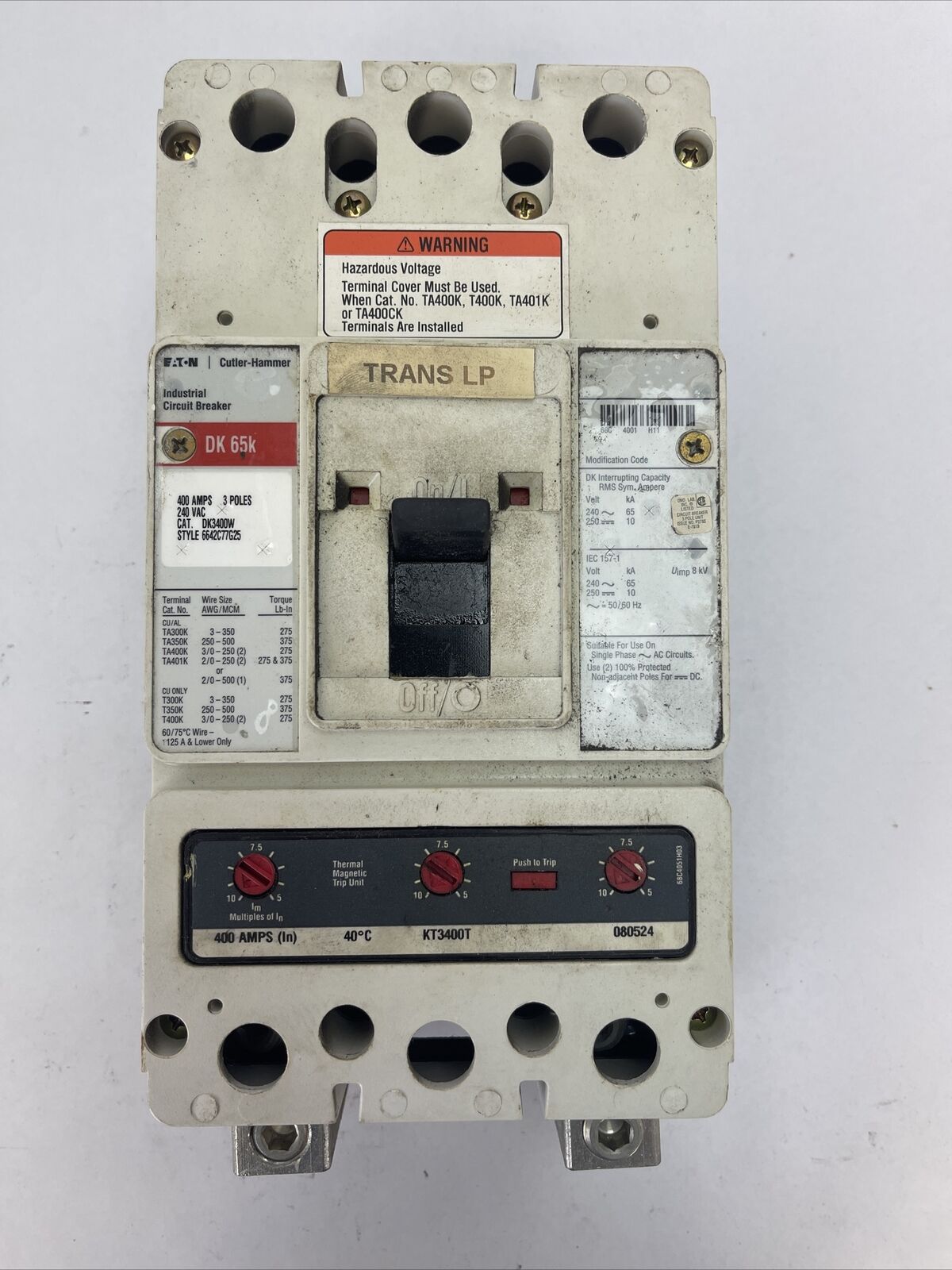 EATON CUTLER HAMMER DK 65K DK3400W CIRCUIT BREAKER, 400AMP 3 POLE, 240vAC