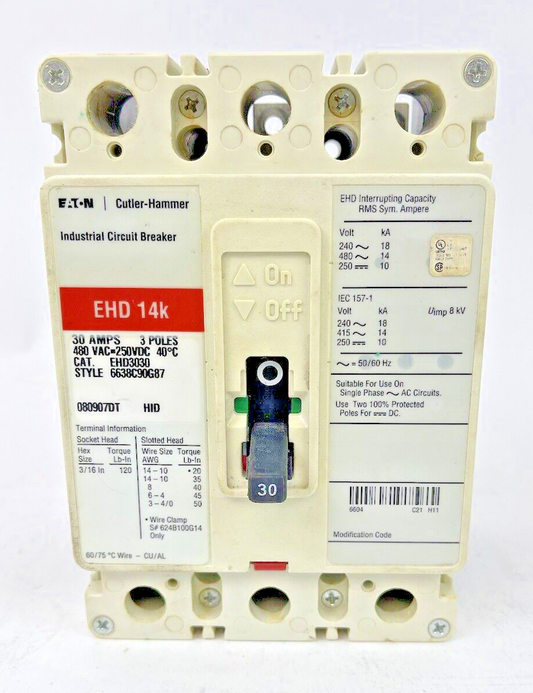 EATON CUTLER-HAMMER - EHD3030 - 30A, 480V EHD 14k CIRCUIT BREAKER - PRE-OWNED