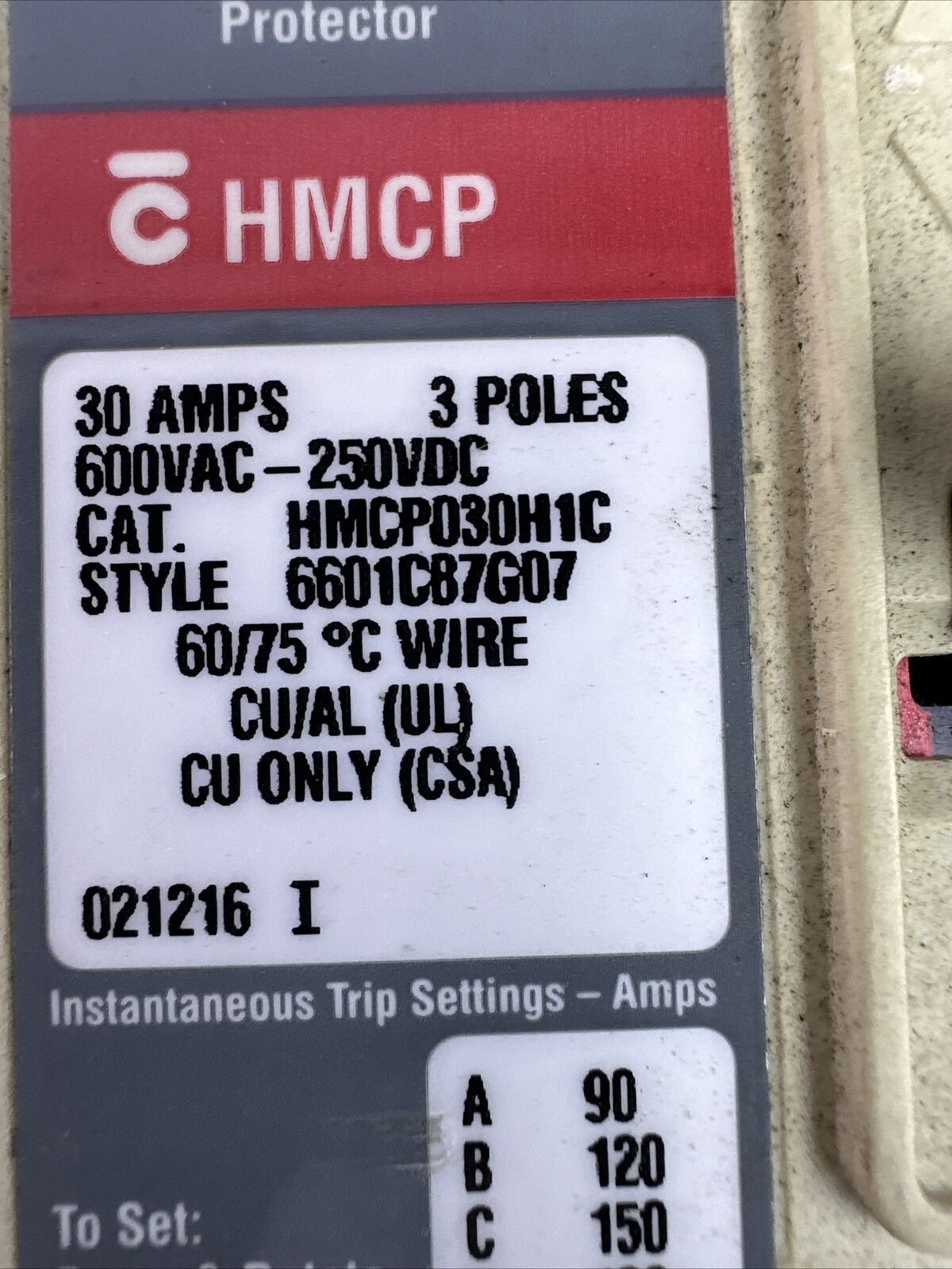 CUTLER HAMMER HMCP030H1C SER C 3P 30AMP 600VAC 250VDC 6601C87G07 MOTOR CIRCUIT