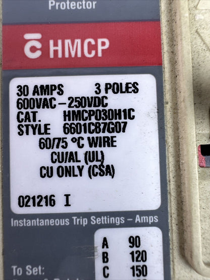 CUTLER HAMMER HMCP030H1C SER C 3P 30AMP 600VAC 250VDC 6601C87G07 MOTOR CIRCUIT