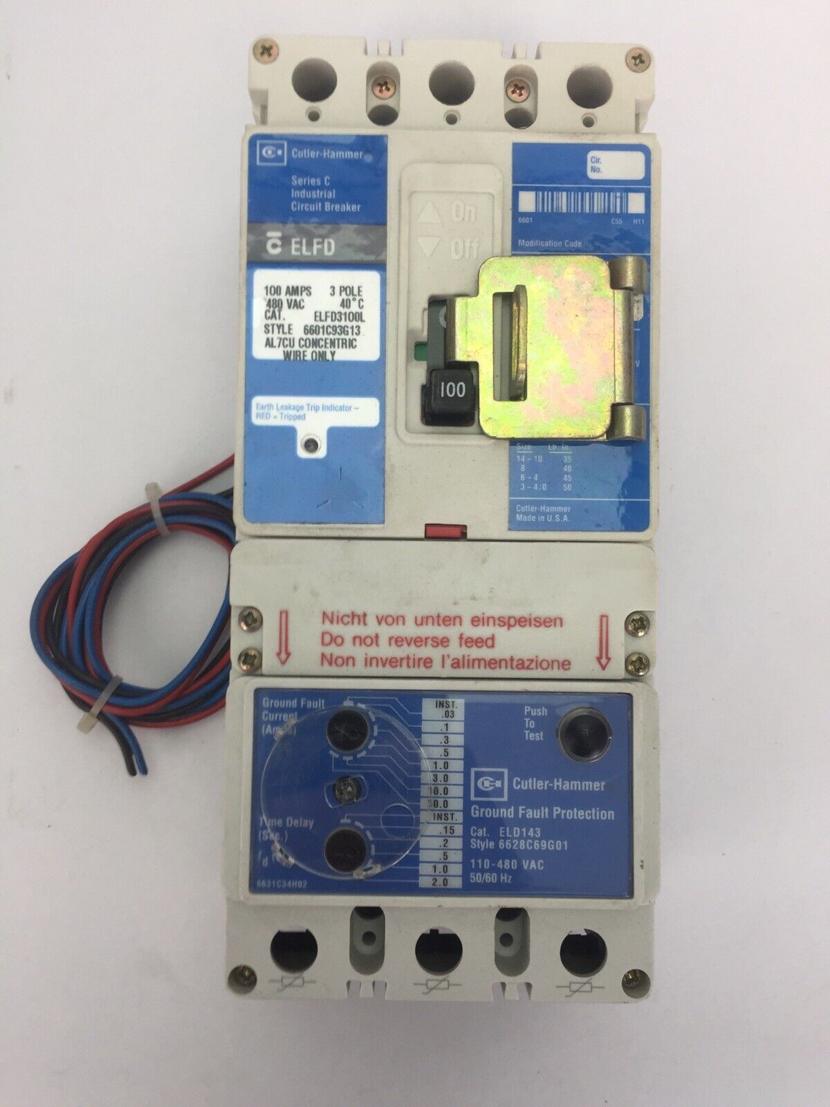 CUTLER HAMMER ELFD3100L INDUSTRIAL CIRCUIT BREAKER 100A 480VAC SER C ELD143 110-