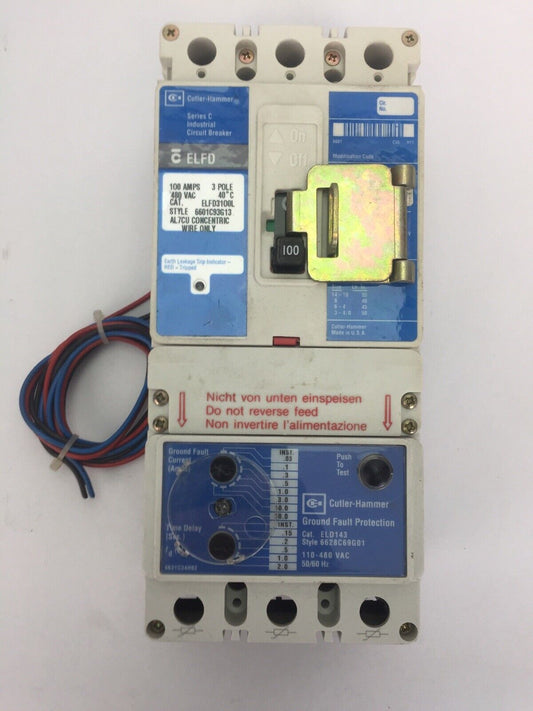 CUTLER HAMMER ELFD3100L INDUSTRIAL CIRCUIT BREAKER 100A 480VAC SER C ELD143 110-