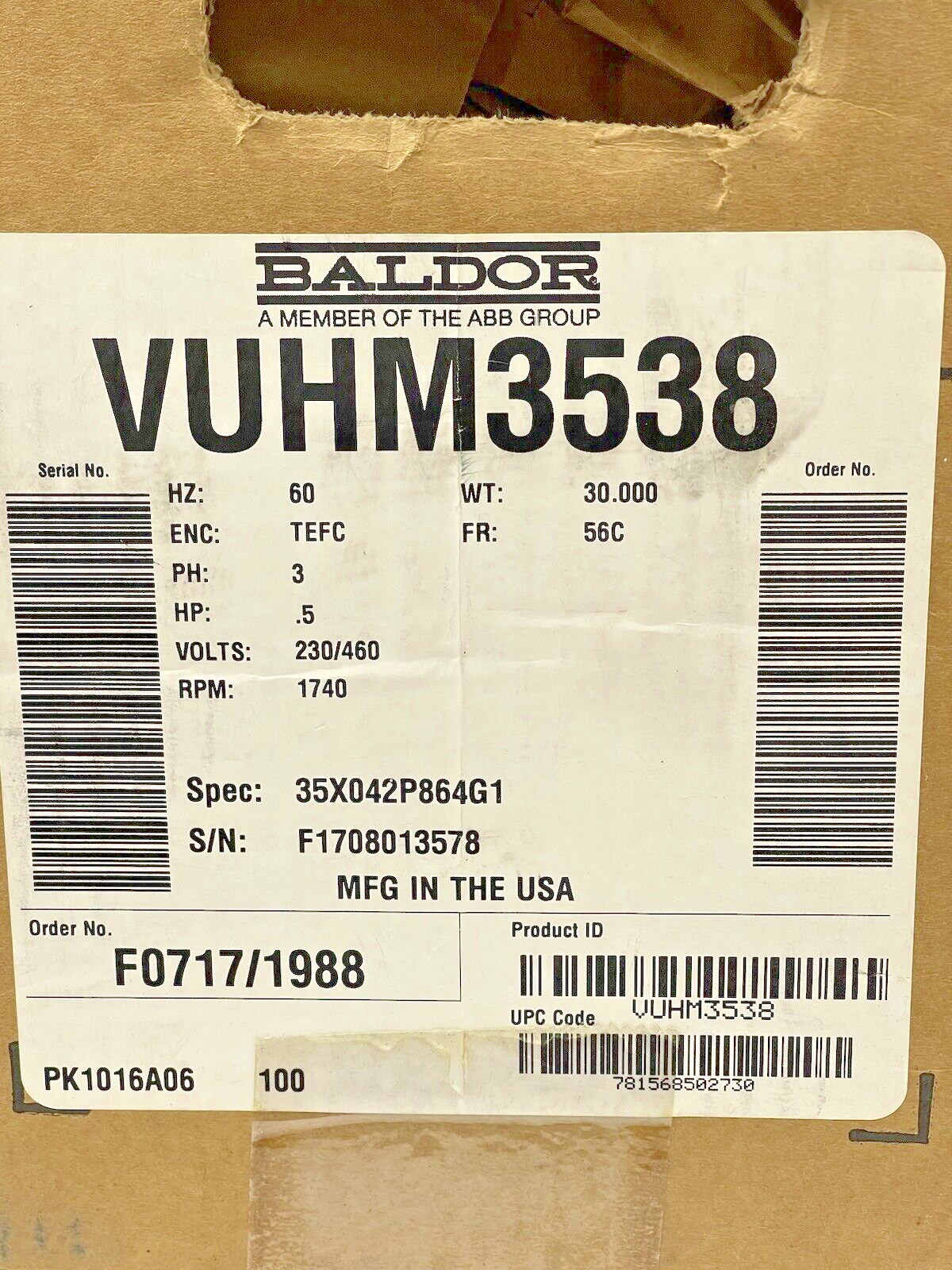 BALDOR - VUHM3538 - Electric Motor - 0.5 Hp 3 Phase 230/460V 1740 RPM 56C Frame