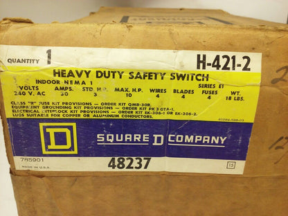 SQ.D H421-2, H4212, SER. A1, H.D. SAFETY SWITCH, 30A, 240V, FUSIBLE, MAX H.P. 10