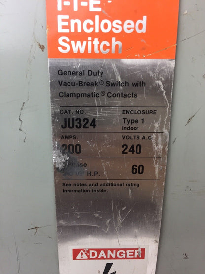 ITE JU324 VACU-BREAK SWITCH WITH CLAMPMATIC CONTACTS 200 AMPS 240 VAC TYPE 1