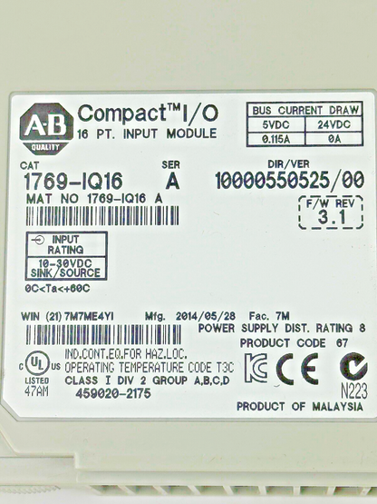 ALLEN-BRADLEY - 1769-IQ16 SER. A, F/W REV 3.1, DIR/VER 10000550525/00 - 16 PT.